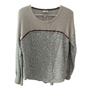 Knox Rose Gray Leopard Print French Terry Long Sleeve Waffle Knit Size Small Top
